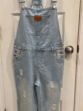 Light Wash Distressed Denim Overalls for Women